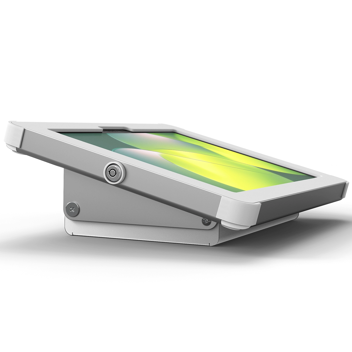 White and silver secure tablet desk mount with dedicated storage area for peripheral devices, key locked, by Sprocket