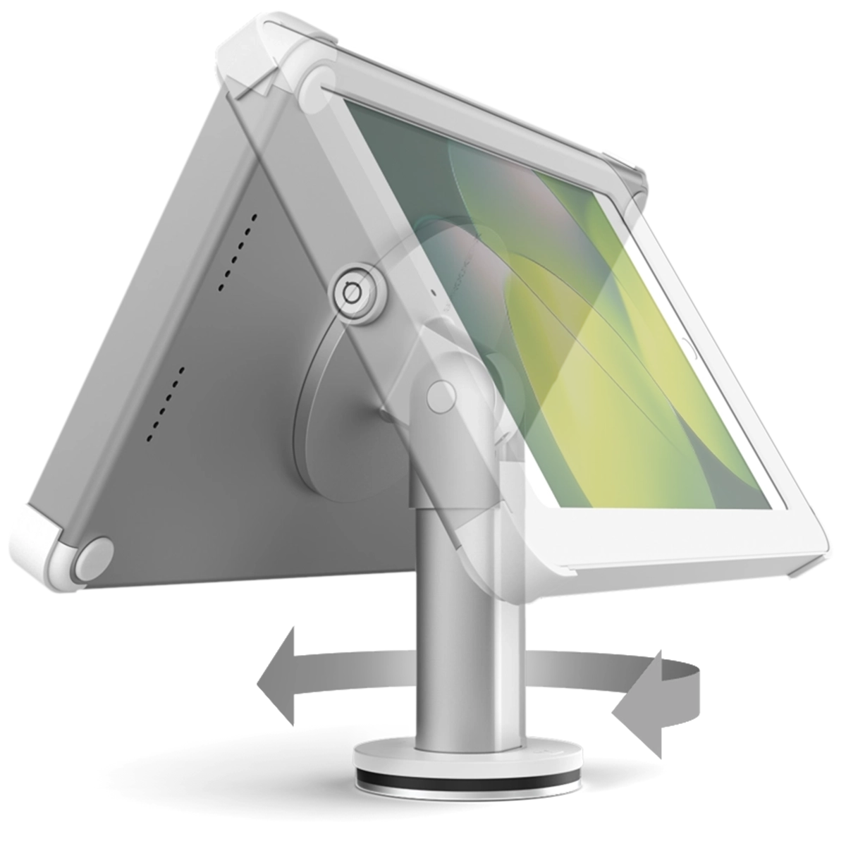 Secure, swiveling white and silver desk mount for tablets, with key lock and hidden cables, by Sprocket