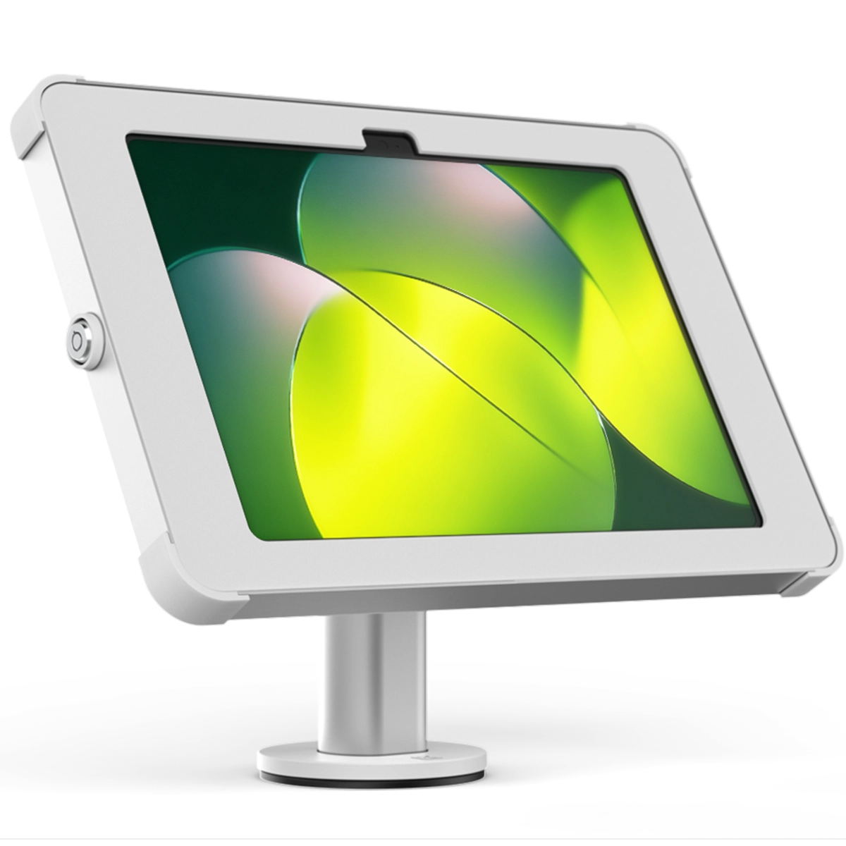 Secure white and silver desk mount for tablet with key lock, concealed cables and adjustable screen angle, by Sprocket