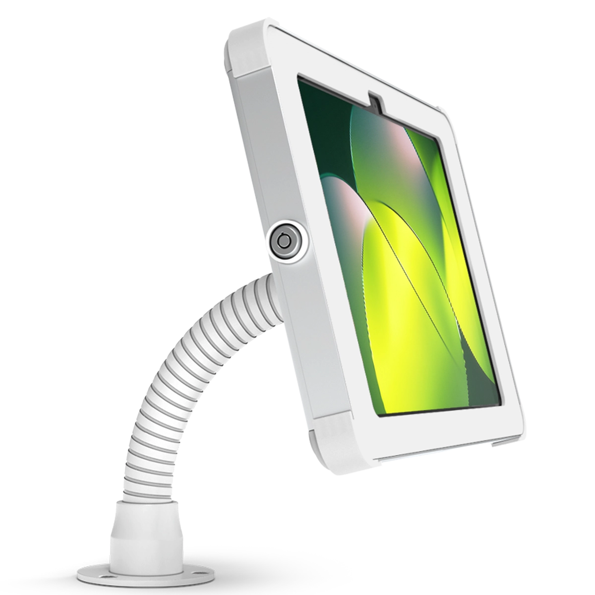 Fully adjustable flexible gooseneck tablet mount in white and silver with key lock and concealed cables, from Sprocket
