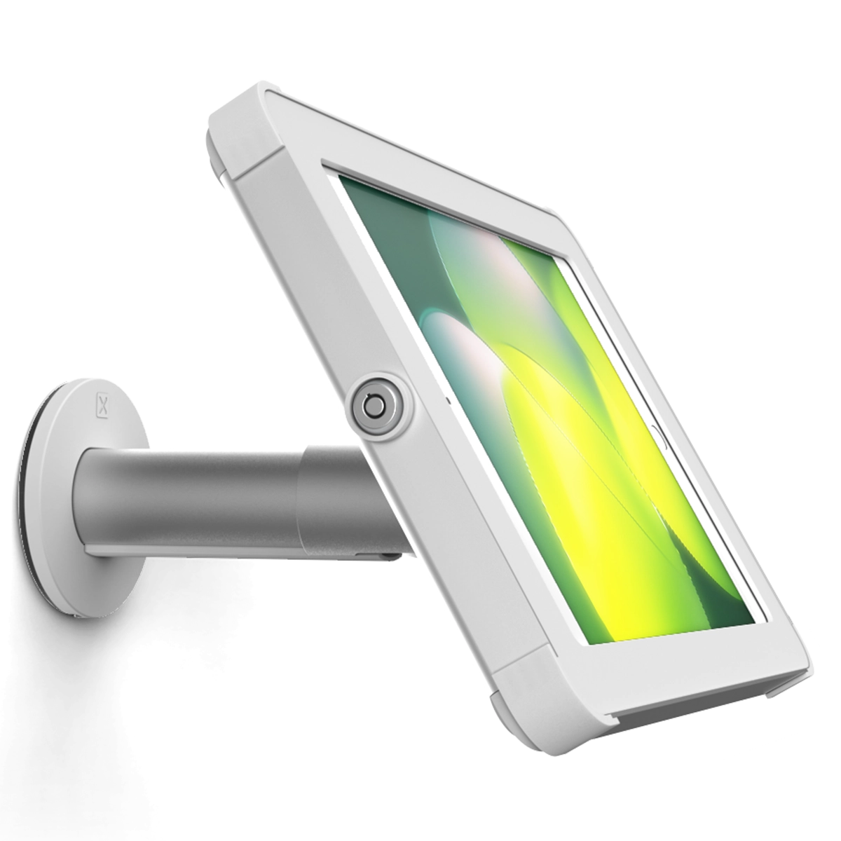 Secure, adjustable, white and silver tablet wall mount with key lock and concealed cables, by Sprocket