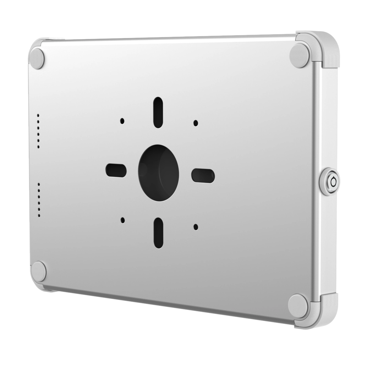 Rear view of white and silver key locked tablet enclosure with VESA 75 compatible mounting pattern, by Sprocket