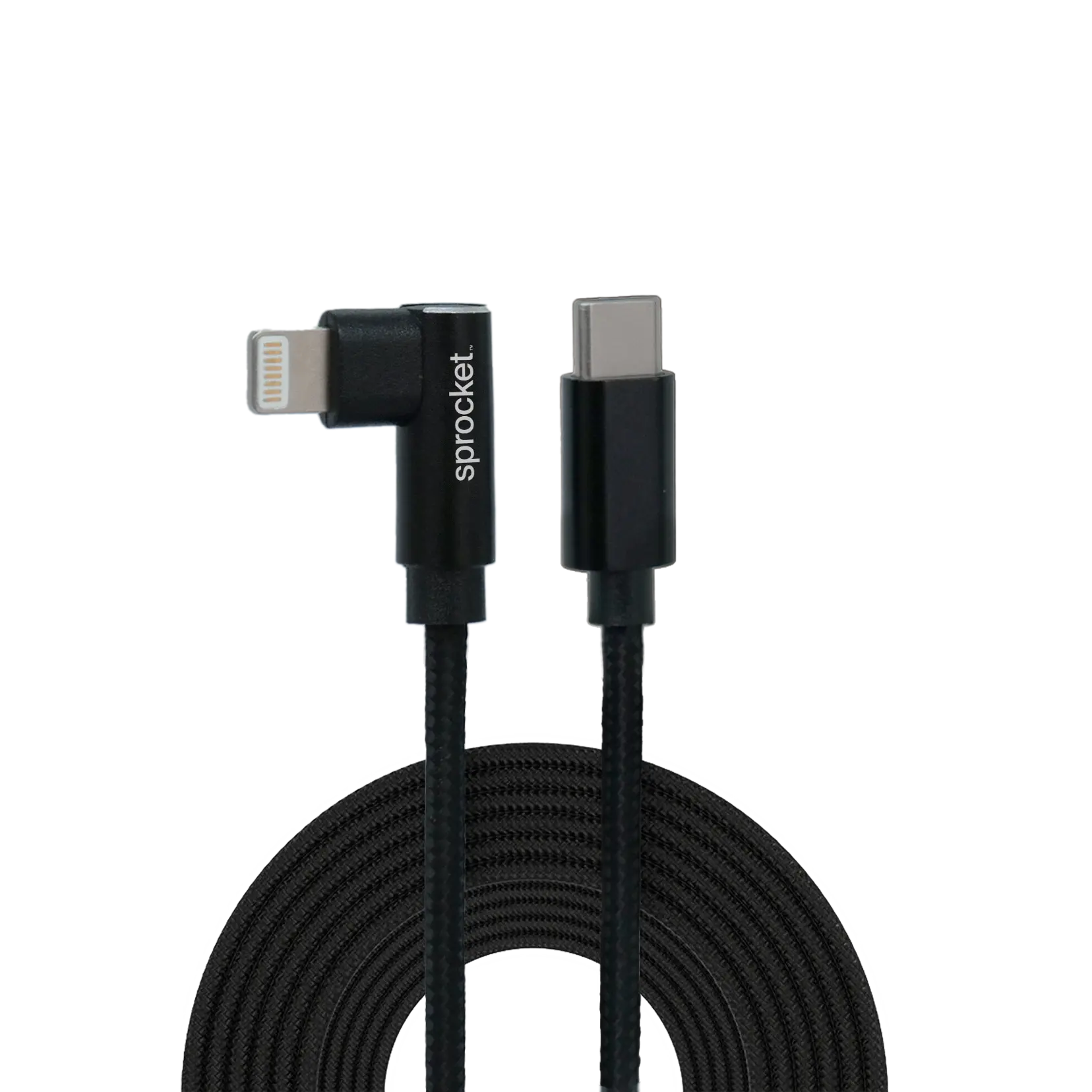 Sprocket branded right-angled lightning male to straight-angled USB-C male braided charging cable