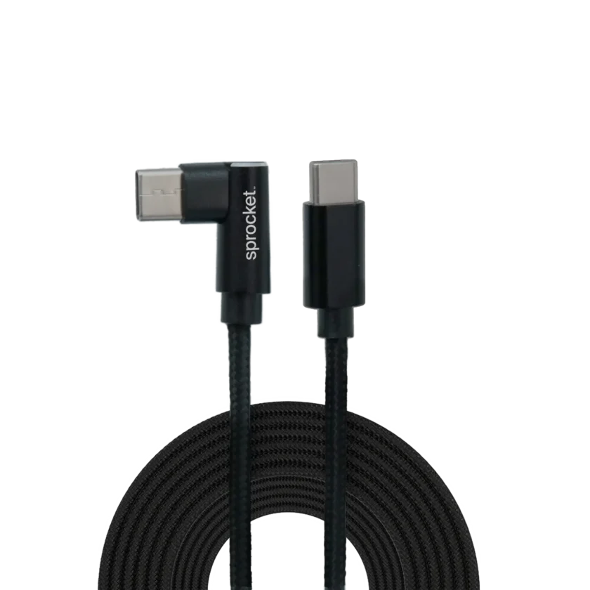 Sprocket branded right-angled USB-C male to straight-angled USB-C male braided charging cable