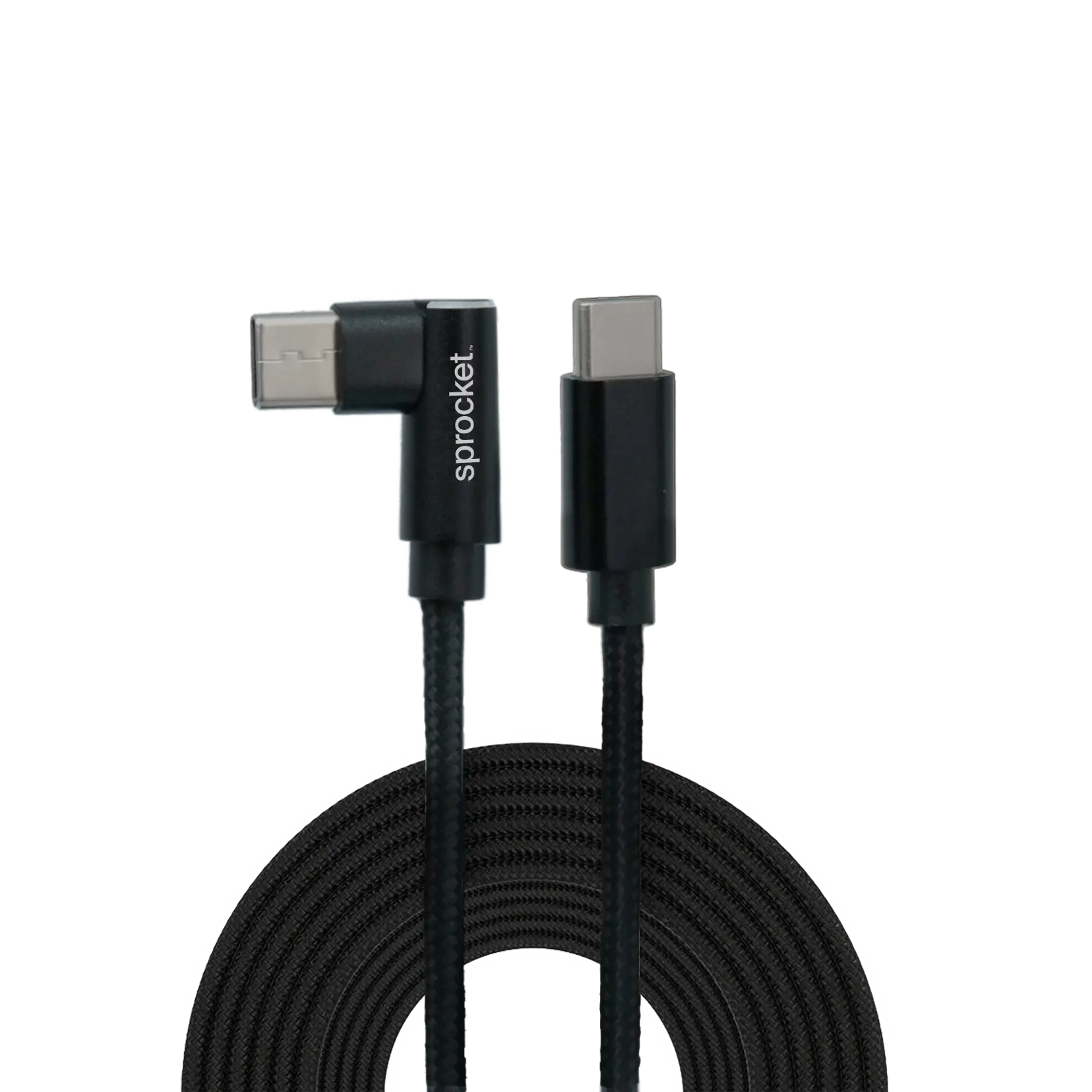 Sprocket branded right-angled USB-C male to straight-angled USB-C male braided charging cable