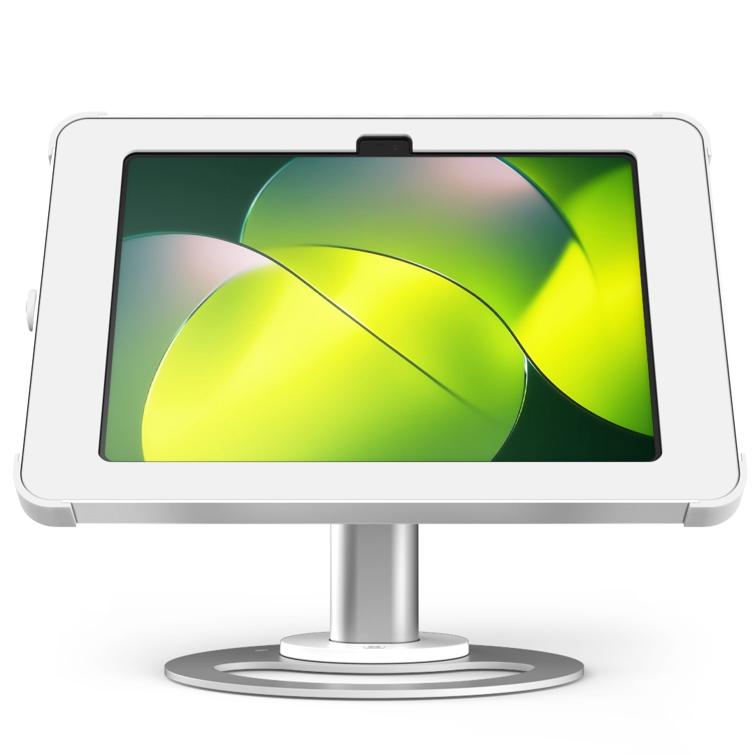 White and silver tablet desk stand with key lock, tilting mechanism and hidden cables, by Sprocket