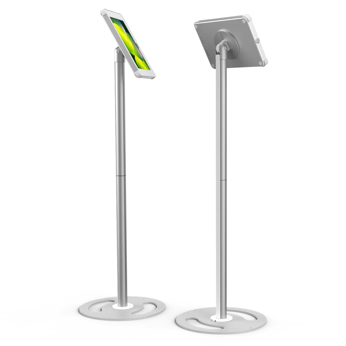 Secure, white and silver freestanding tablet stand with key lock and fully concealed cables, by Sprocket