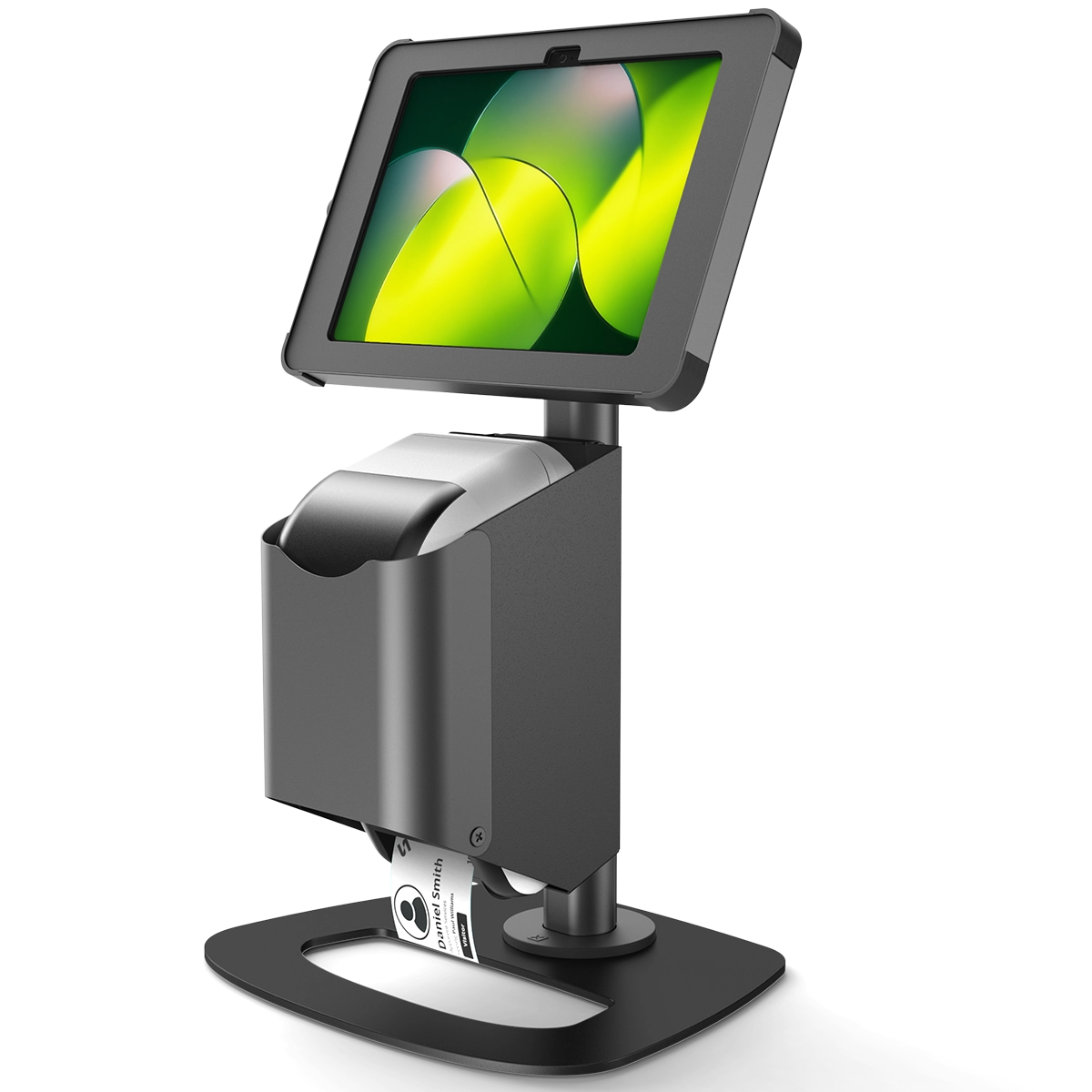 Compact desktop stand for tablet and Brother label printer, with key lock and concealed cables, by Sprocket