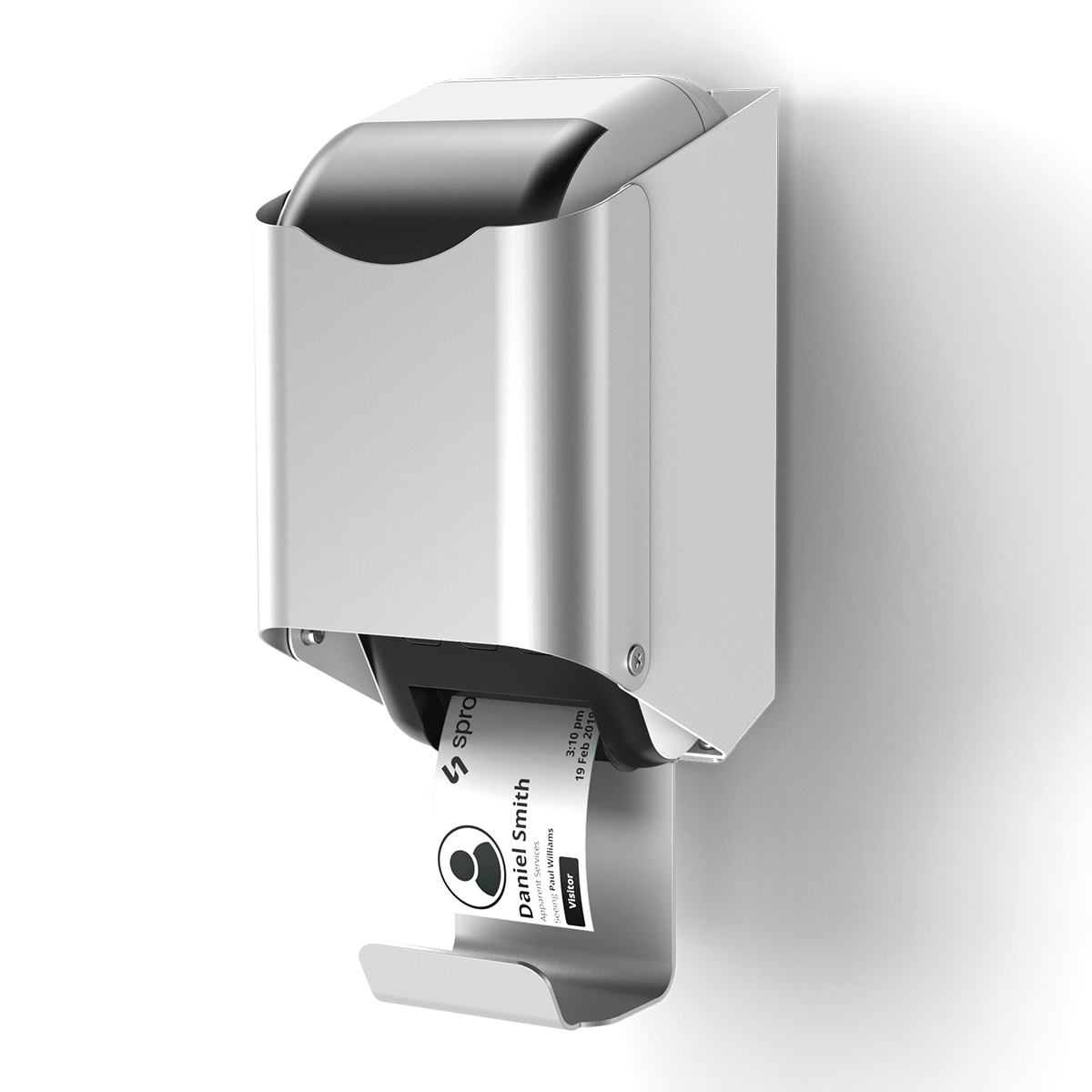 White and silver wall-mounted bracket for Brother QL-810W or QL-820NWB label printers with concealed cables, by Sprocket