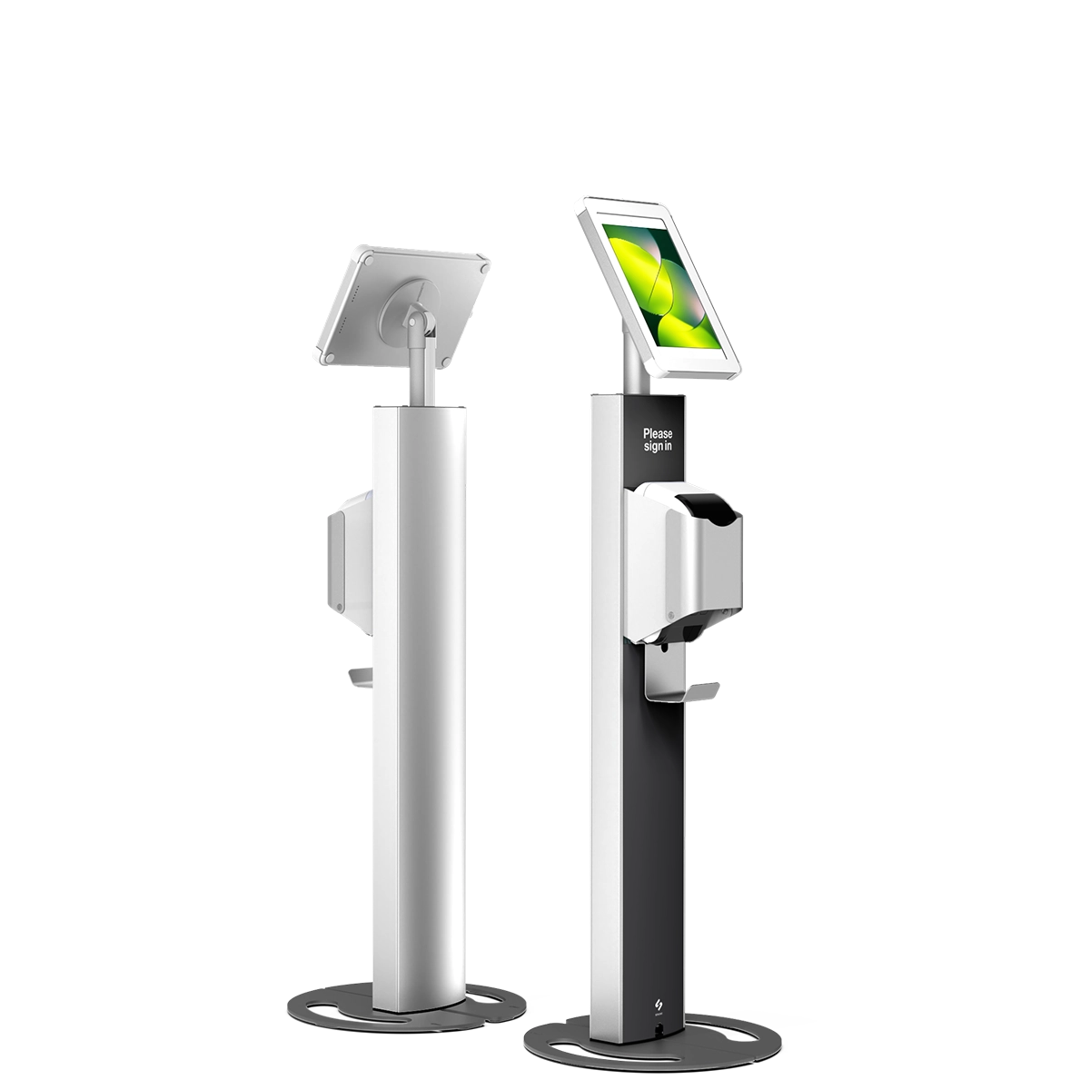 Floor standing tablet kiosk with integrated label printer for badge printing and rebrandable front panel, by Sprocket
