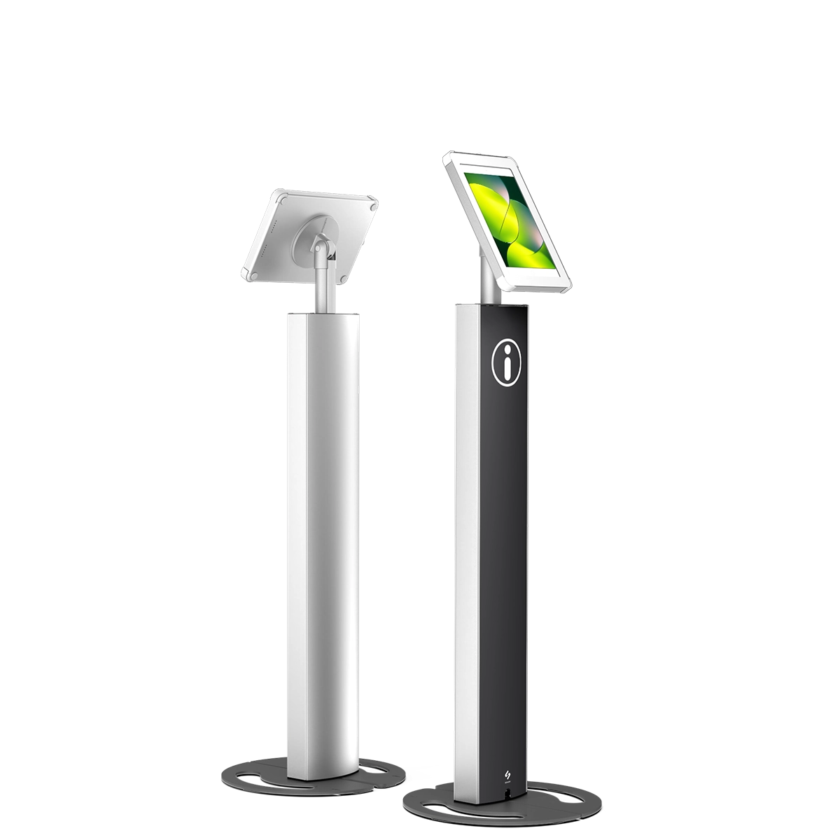 Freestanding tablet kiosk stand in platinum colourway featuring interchangeable front branded panel, by Sprocket