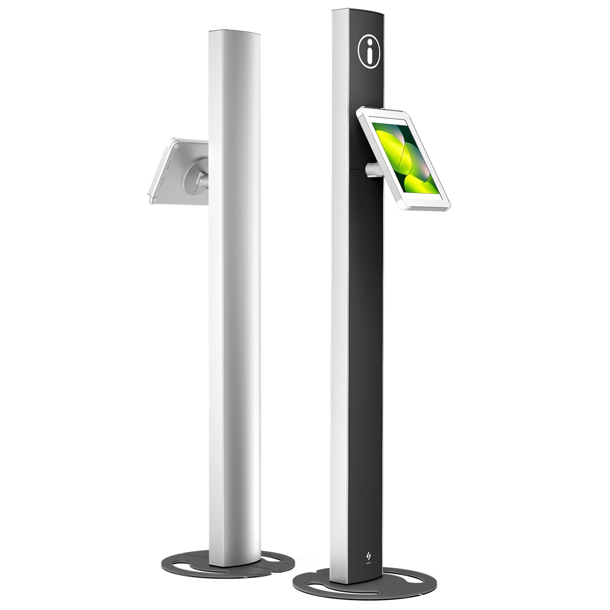 Freestanding tall tablet kiosk stand in platinum colourway featuring interchangeable front branded panel, by Sprocket