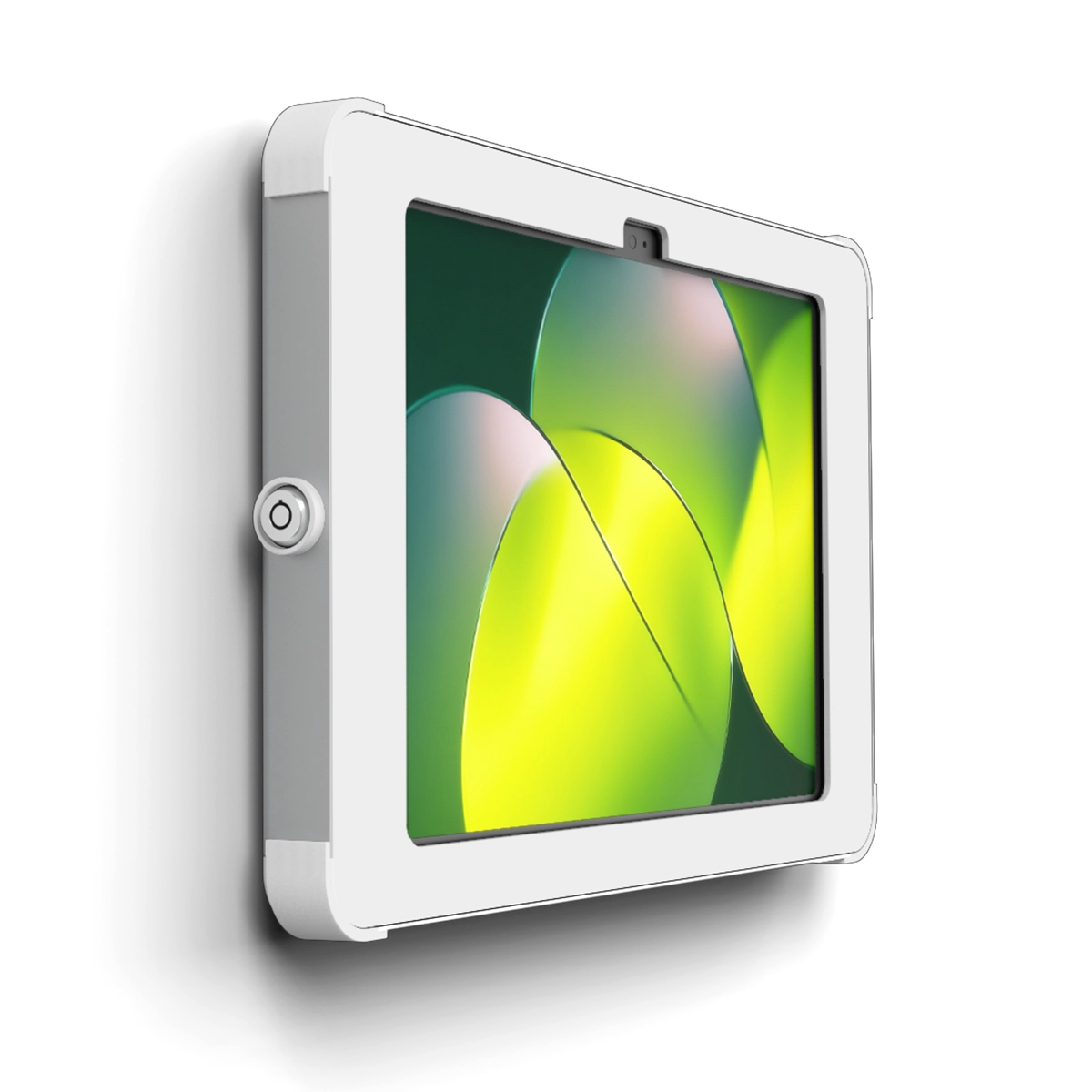 Secure,  flat wall mounted tablet enclosure in white and silver with key lock and concealed cables by Sprocket