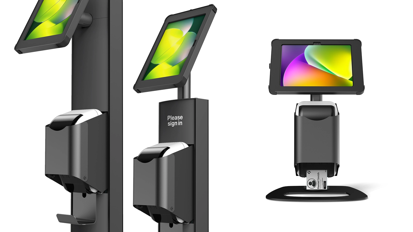 A range of freestanding iPad kiosks incorporating badge printing