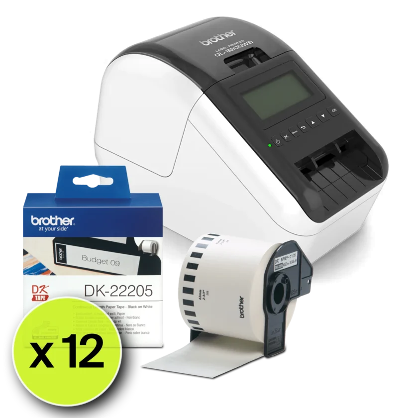 Bundle comprising Brother QL-820NWB label printer and twelve pack of DK-22205 62mm continuous length Label roll