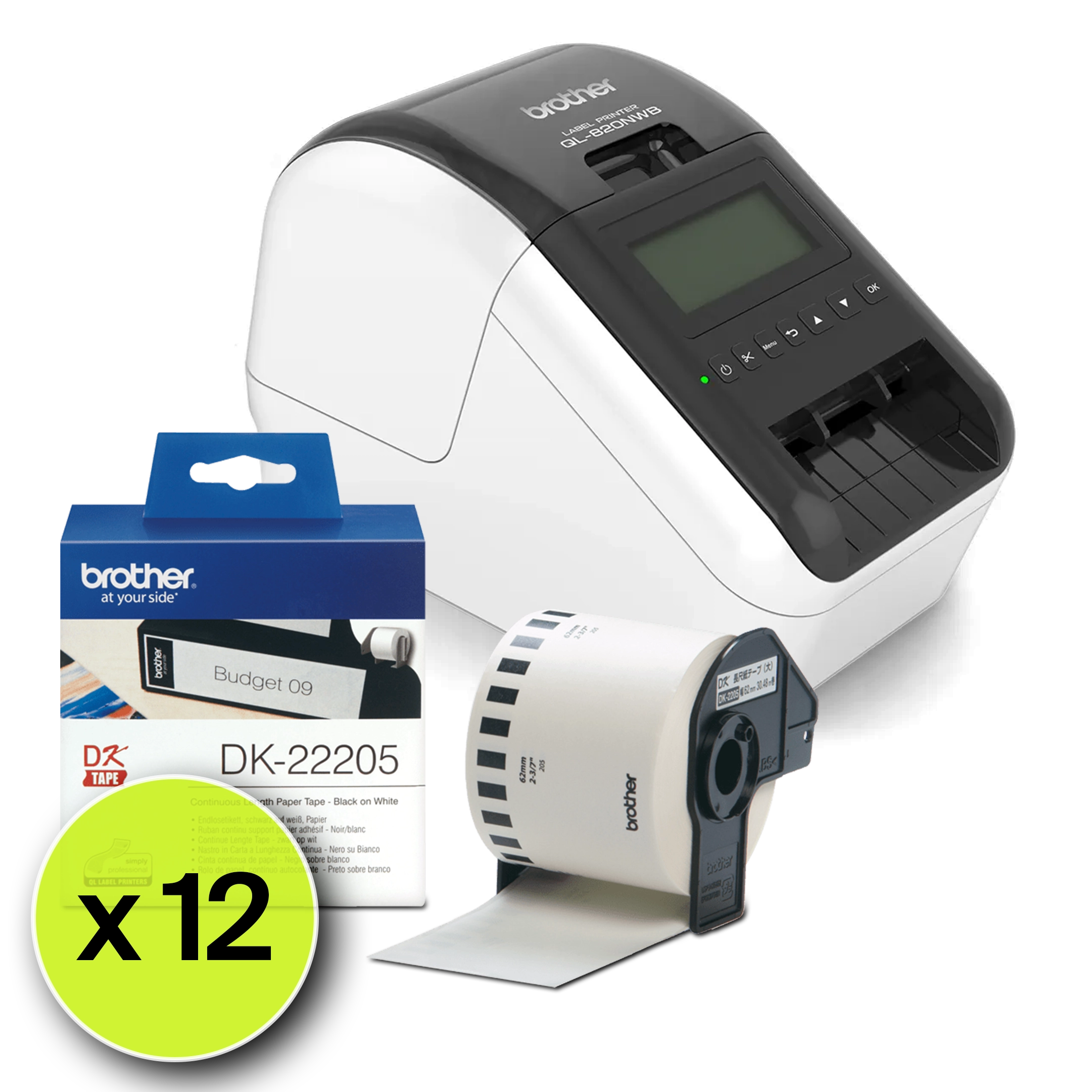 Bundle comprising Brother QL-820NWB label printer and twelve pack of DK-22205 62mm continuous length Label roll